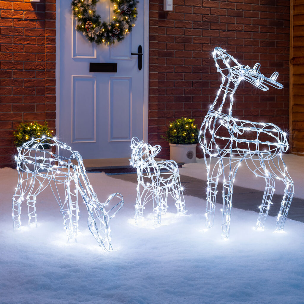 The cost of powering our Light Up Wire Reindeer Family is less than a quart of a penny an hour.